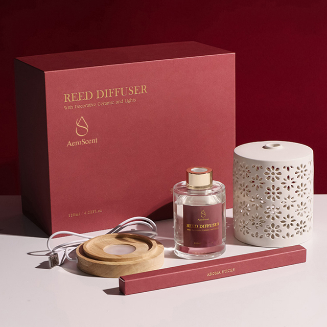 Aero Scent White Ceramic Essential Oil Diffuser with Color Lights – Red Gift Box Set, Quiet Ultrasonic Aromatherapy for Home & Office